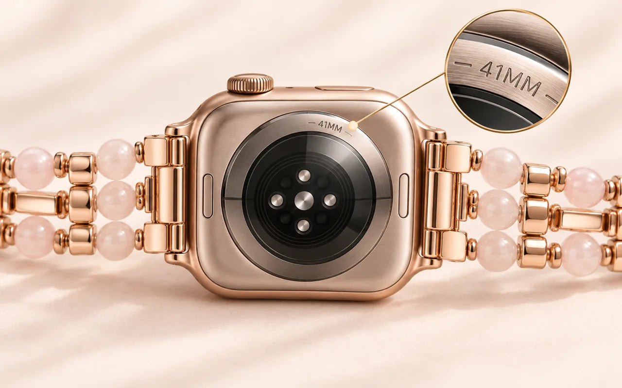 Back of an Apple Watch with a magnified view of the engraved case size